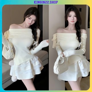 Set đồ nữ - Áo len tăm kiểu trễ vai đính nhơ mix với chân váy xòe tầng viền ren phong cách tiểu thư kingin G145
