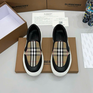 Giày slipon lười nam BBR vải canvas dệt hoạ tiết kẻ sọc nâu be phối viền da đen đế cao su boy phố GS131P