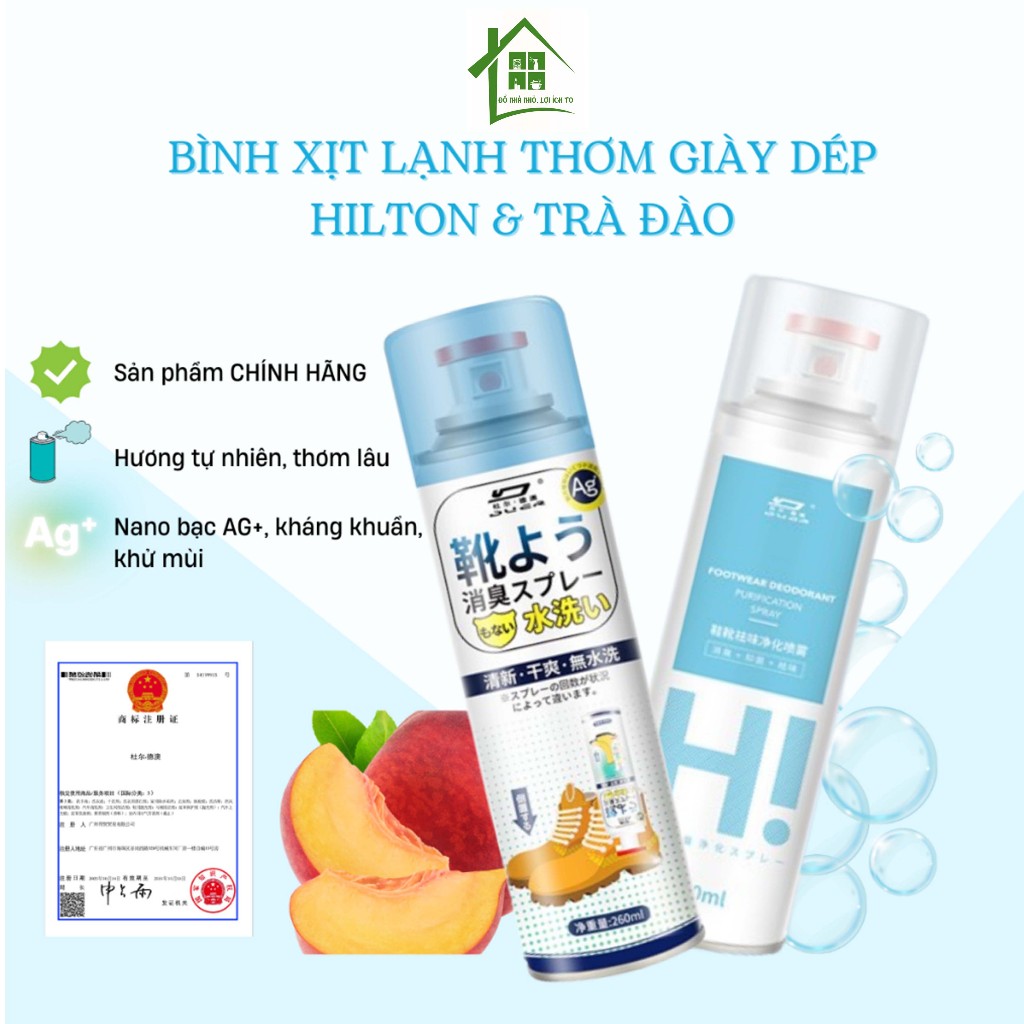Bình xịt khử mùi hôi giày dép nano bạc Shoes 2h Hilton, Trà Đào