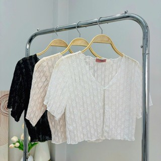 Áo khoác ren mỏng dáng ngắn tay M1 trắng/đen có bigsize-Orimi