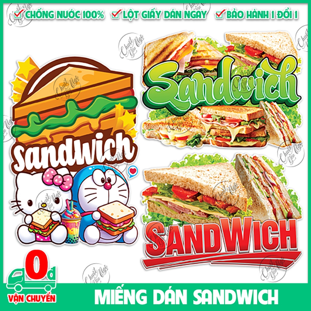 Hình dán bánh mì kẹp thịt SANDWICH decal trang trí tủ kính cửa kính quán ăn sáng điểm tâm burger menu