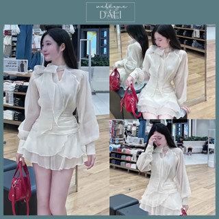 Set Áo Sơ Mi Buộc Nơ Cổ Dài Tay Chất Liệu Tơ Xốp + Chân Váy Nhún Eo Dáng Xoè Nhún Bèo Tầng