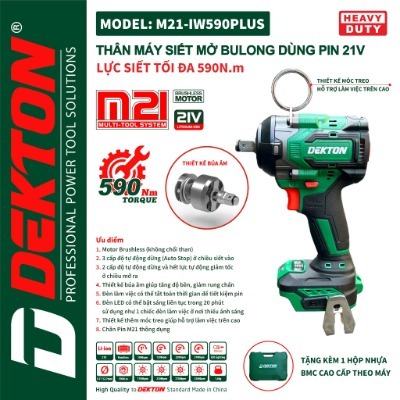 Thân Máy Siết Bulong Dekton 590Nm / M21-IW590PLUS / Thiết Kế Compact Thân Nhỏ Gọn / Chân Pin Makita-