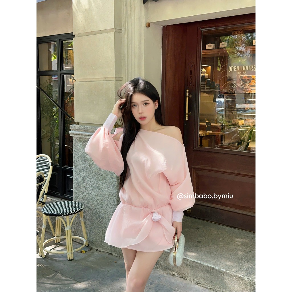 Váy lệch vai tơ đính hoa cao cấp Simbabo - KÈM HOA ĐÍNH