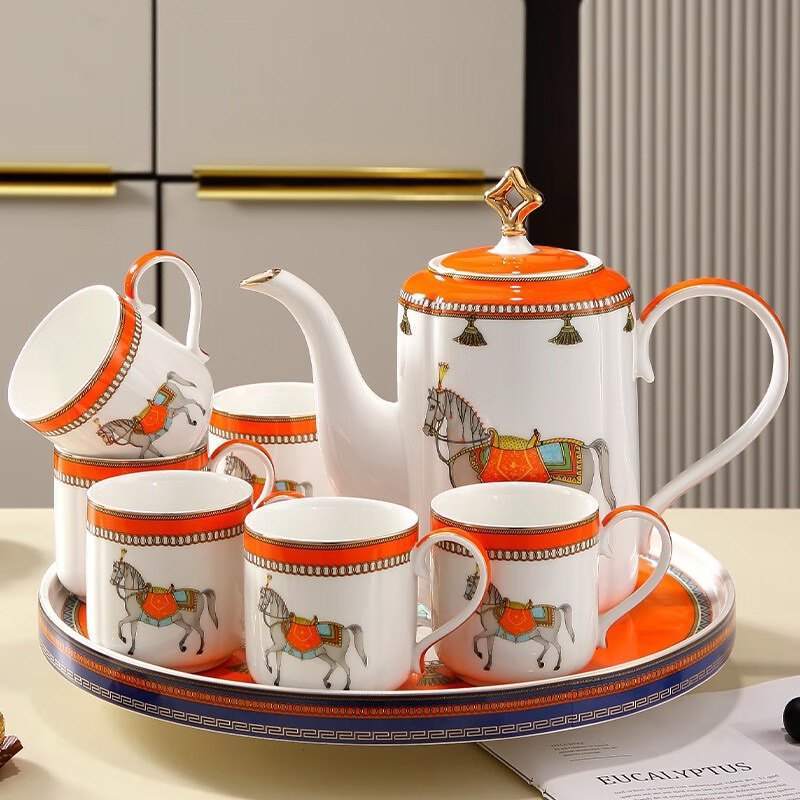 Bộ ấm chén sứ Decor, Bình nước, Bộ ấm chén pha trà màu trắng cam viền vàng cao cấp sang trọng
