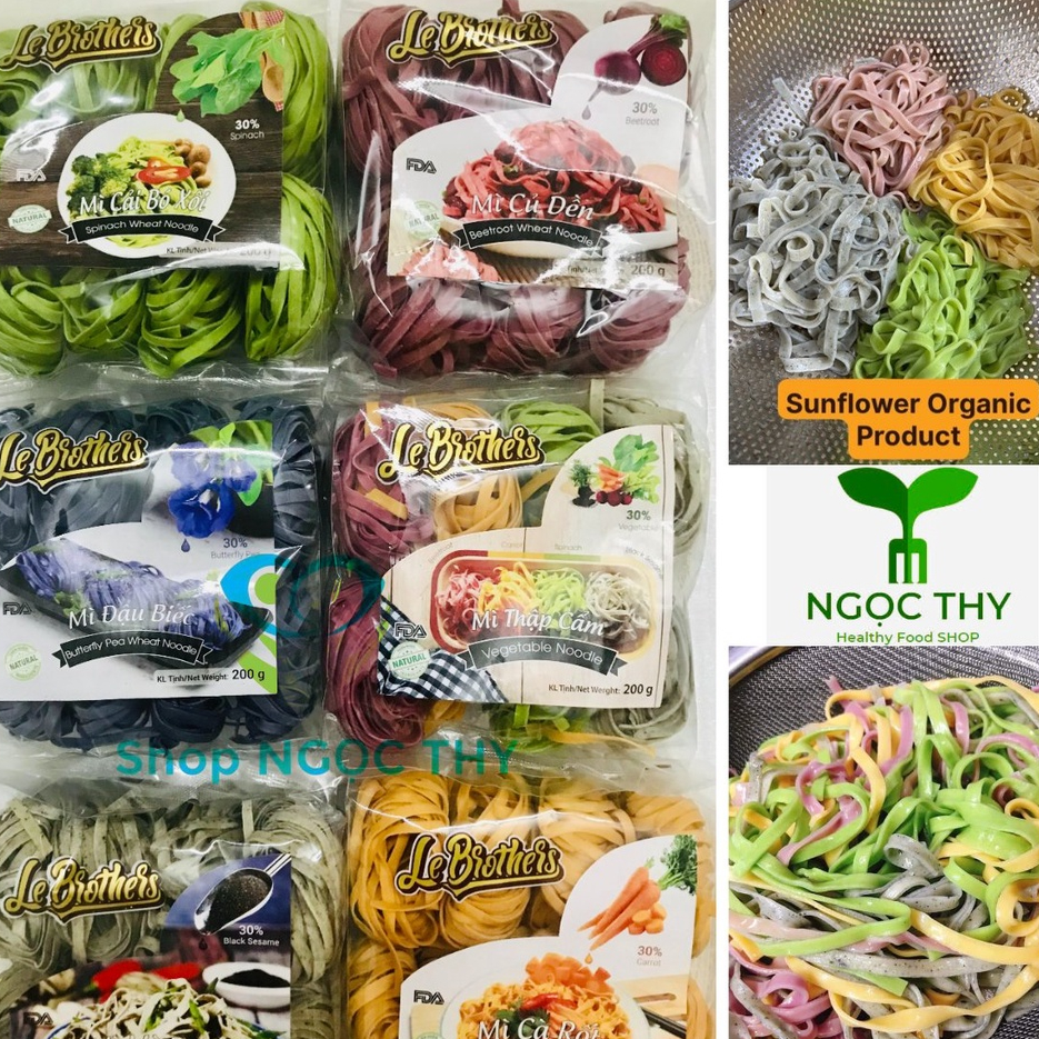 Mì rau củ bản to Le Brothers gói 200gr 8 vắt (mỳ cải bó xôi/củ dền/hoa đậu biếc/mè đen/cà rốt)