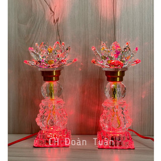 Cặp đèn thờ pha lê kiểu dáng thiên nga - Đèn thờ hoa sen đổi màu cao 24cm