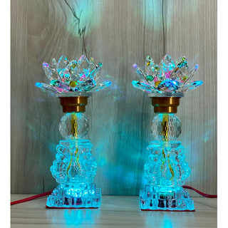 Cặp đèn thờ pha lê kiểu dáng thiên nga - Đèn thờ hoa sen đổi màu cao 24cm
