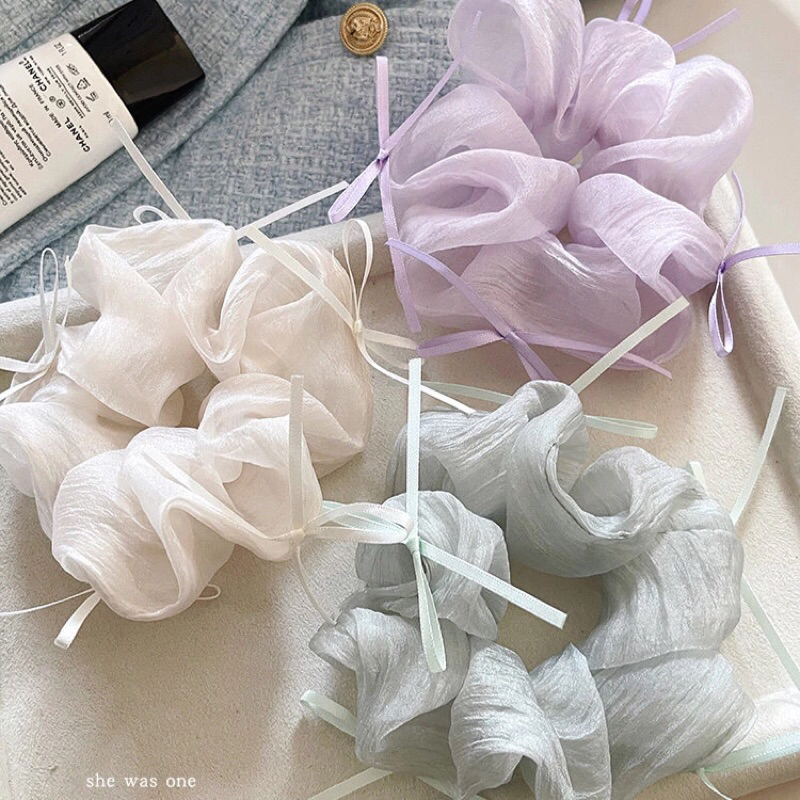 Cột tóc scrunchies voan trơn phối nơ xinh xắn Dtonline