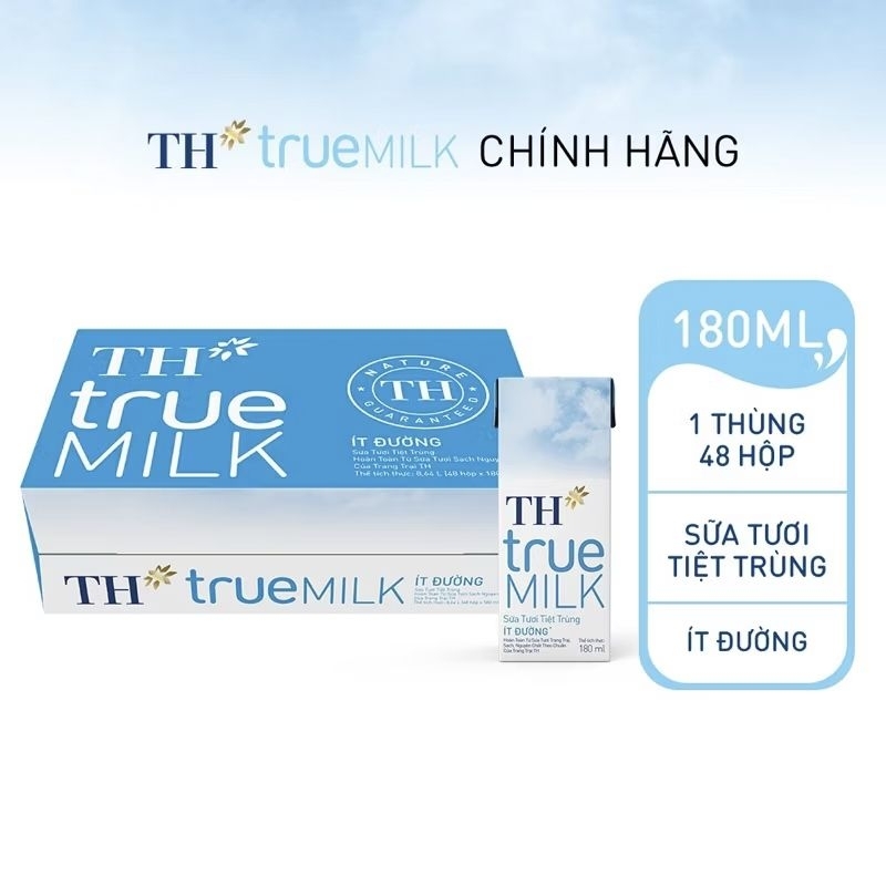 1 thùng 48 hộp Sữa Tươi Tiệt Trùng Ít Đường TH true MILK 180 ml