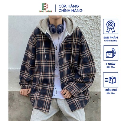 Áo khoác nhẹ kiểu sơ mi nón nỉ from rộng unisex kiểu sọc caro 3 màu Bảo Đăng.