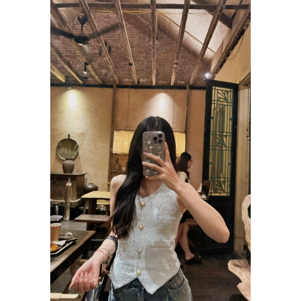 Áo gile tweed cổ yếm sang chảnh