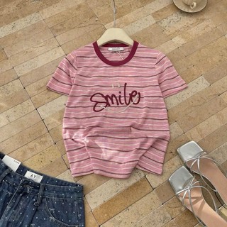 Áo thun croptop nữ tay ngắn cổ tròn kẻ sọc chữ Smile hàng Quảng Châu chất cotton baby tee mùa hè hàn quốc 2607 G37