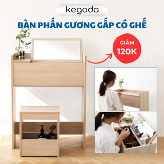 Bàn Phấn Trang Điểm Gương Gấp Gọn Có Kèm Ghế Đơn Giản Nhỏ Đẹp, Bàn Makeup Gỗ Màu Oak KEGODA KGD28