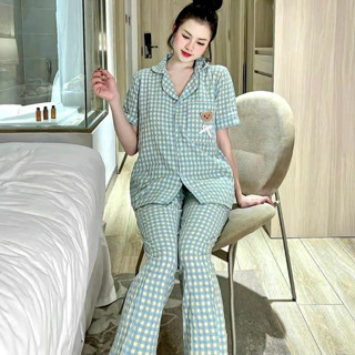 Đồ Bộ, Đồ ngủ pyjama Nữ quần dài kẻ caro chất vải thô nhăn mềm nhẹ
