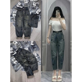 Quần Bò Baggy Jeans Lưng Chun Phối Túi Thêu Nơ 2 Màu, Quần Bò Jeans Denim Nữ Cạp Cao Dáng Baggy Phong Cách Ulzzang
