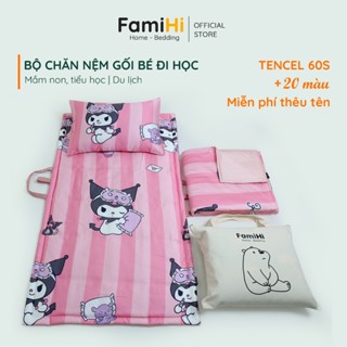 Bộ chăn nệm gối lụa Tencel 60S bé gái đi học mầm non tiểu học FamiHi cao cấp, mền trẻ em 100%Lyocell