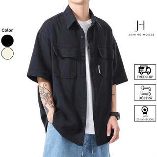 Áo Sơ Mi Nam Nữ JAMINE HOUSE Form Rộng Tay Lỡ 2 Túi Gắn TAG Có BigSize 90kg Unisex Chất Kaki Menswear