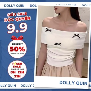 Áo trễ vai tay ngắn cho nữ, áo kiểu ôm dáng đính nơ xinh xắn chất liệu co giãn tốt A27 Dolly Quin