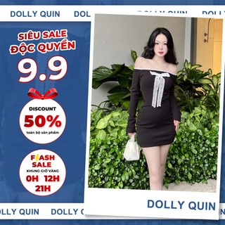Váy body trễ vai len nhung dài tay có nơ, đầm body siết eo tôn dáng, quyến rũ D11 Dolly Quin