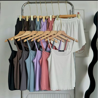 Sét bộ đồ ngủ nữ áo thun nữ 2  dây kèm quần đùi nữ cuốn biên nhiều màu trơn size dưới 55kg