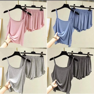 Sét bộ đồ ngủ nữ áo thun nữ 2  dây kèm quần đùi nữ cuốn biên nhiều màu trơn size dưới 55kg