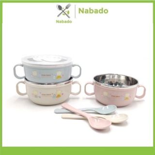 Bộ bát thìa ăn dặm inox 304 hàng đẹp 2 lớp Cách Nhiệt Cho Bé hình gấu, Có Tay Cầm và Nắp Đậy bằng nhựa, chén ăn cháo