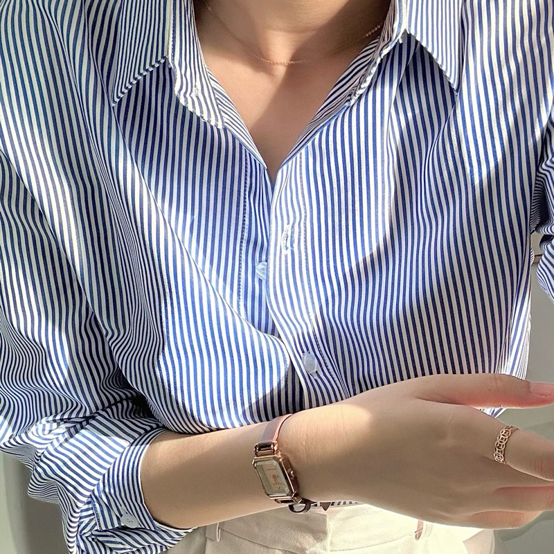 Áo sơ mi nữ tay dài sọc xanh nhỏ công sở form suông kiểu Hàn mã SN01