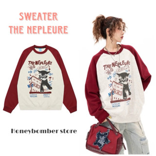 áo Nỉ Sweater Đỏ Đô Phối Be THE NEPLEURE [FREESHIP]🌸Áo Nỉ Nữ Form Rộng Cá Tính Phong cách Ulzzang🌸