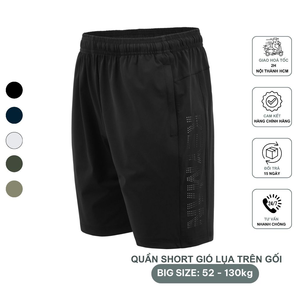 Quần short đùi nam thể thao tập gym,chạy bộ chất gió lụa cao cấp co giãn 4 chiều form trên gối có bigsize 130kg  KEYLAZE