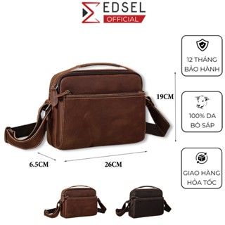  Túi đeo chéo nam nữ da bò sáp thật EDSEL đựng ipad 7.9 inch điện thoại nhiều ngăn phong cách retro màu nâu coffee 