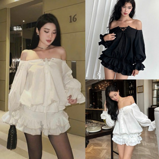 [S2.964] Váy Trễ Vai Tay Dài Đan Dây Kèm Quần Đùi Rời 2 Màu Form Bồng Xoè