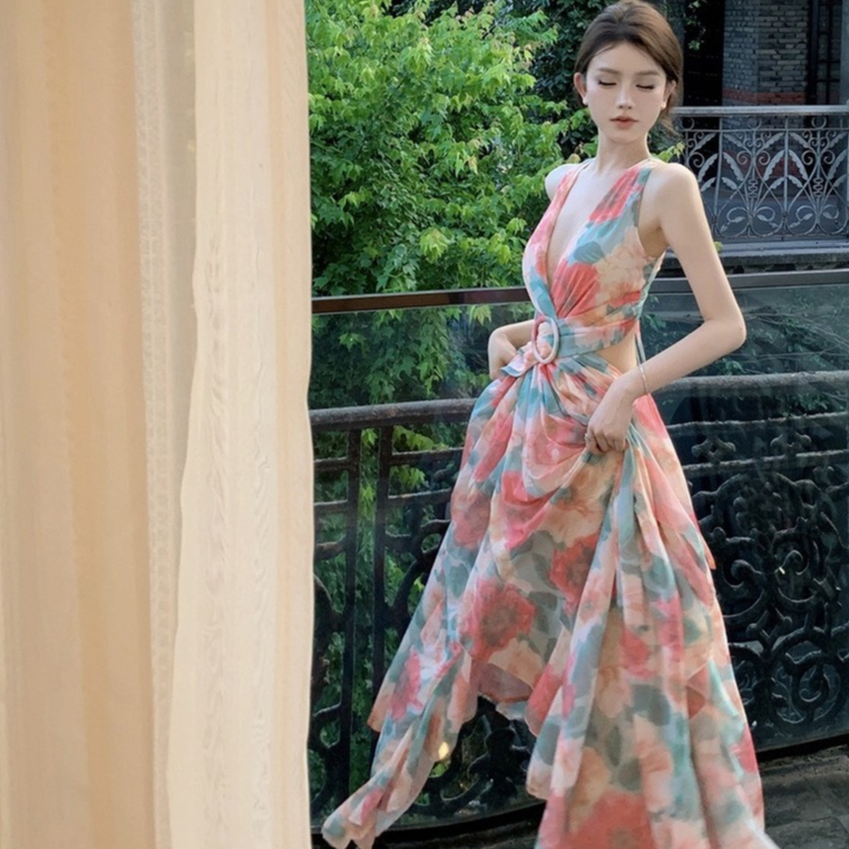 Hàng Loại 1 Đầm Maxi Hoa ,Váy Maxi Xoè Bồng Lưng Đan Dây Phong Cách Ngọt Ngào Quyến Rũ Douyin style