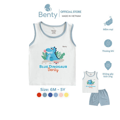 Bộ ba lỗ BENTY phối viền in khủng long BT099, đồ bộ cao cấp rayon mặc ngủ điều hòa, đi chơi cho bé