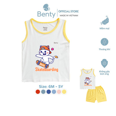 Bộ ba lỗ phối viền năng động BENTY in hình CAT BT102, chất liệu cao cấp thấm hút mồ hôi tốt cho bé