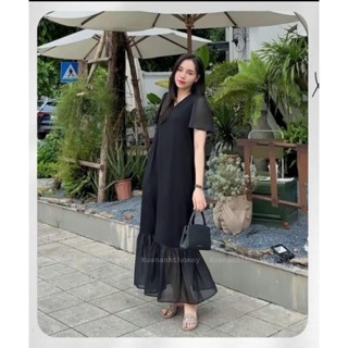 Đầm bầu dáng suông dài [VB12] đuôi cá cao cấp, Váy bầu màu đen cổ tim kèm túi mềm mịn thoáng mát