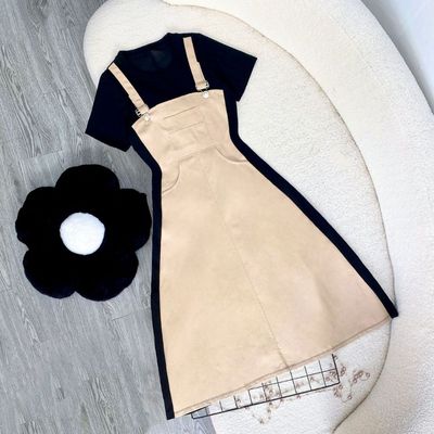 Đầm Bigsize Nữ Tay Ngắn Dáng Yếm Năng Động Vải Jean Giấy Phối Thun Ruby Cho Nàng Chubby