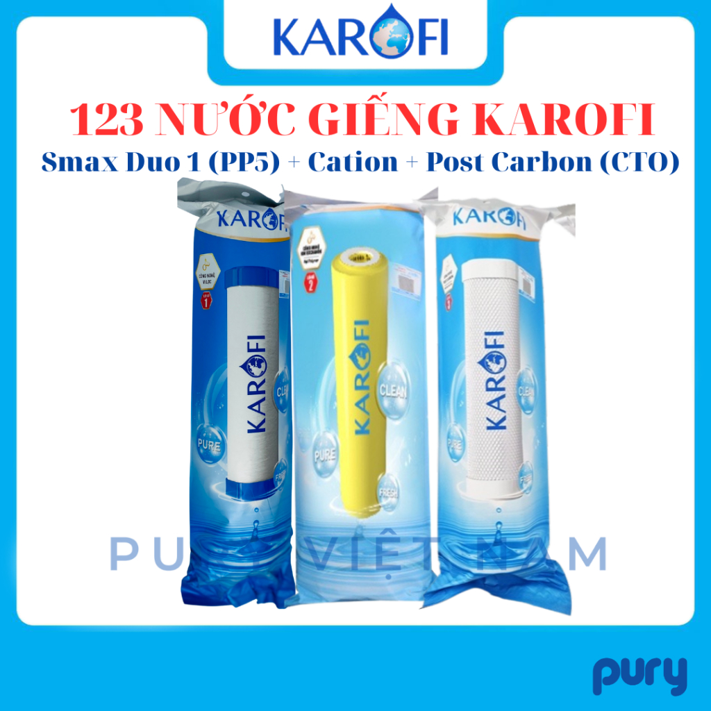 Bộ 3 Lõi Lọc Nước Giếng Karofi 123 Chính Hãng (Smax Duo 2 Ion Exchange, Cation, Post Carbon)