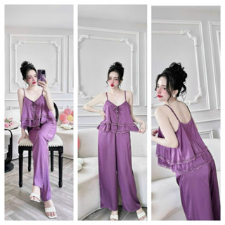 Bộ đồ bộ, mặc nhà áo hai tầng nút ngọc trai trơn + quần dài có túi lụa latin 40-65kg vừa.