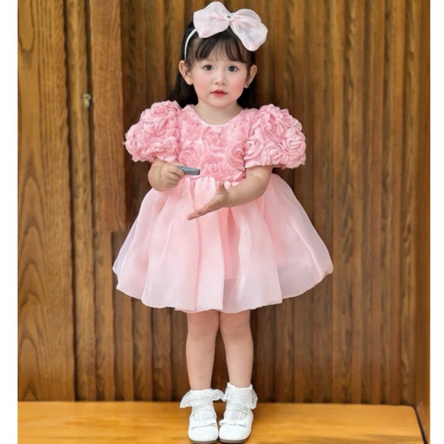 Váy Công Chúa Hồng Bông Hoa Xoắn Chân Tơ Cho Bé GáI 4-16 Kg,Váy Đầy Tháng Sinh Nhật Dự Tiệc Chất Tơ Mềm Mịn