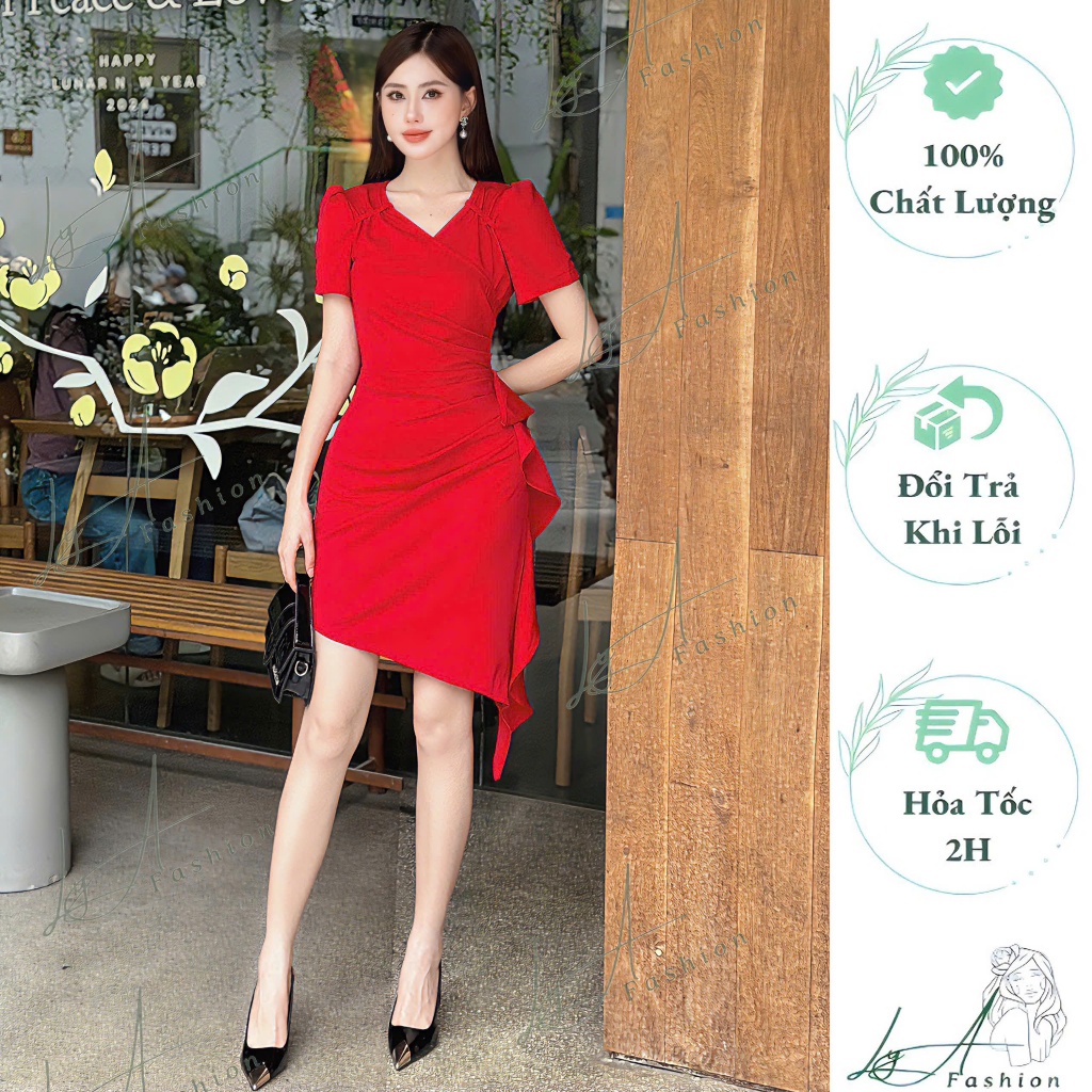 Đầm Body Dáng Ngắn Cổ V Nhún Eo Vạt Bèo Tà Chéo Chất Liệu Umi Hàn - Váy Công Sở Dự Tiệc Size 40-65Kg