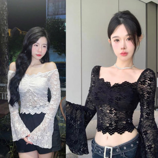 (CÓ ĐỆM) Áo Ren Dài Ôm Xuyên Thấu Quyến Rũ tay loe thời trang nữ m804