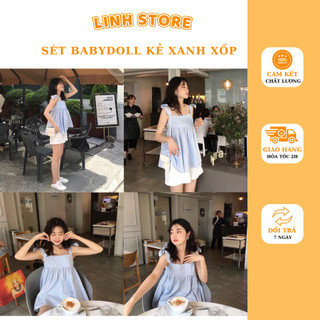 Sét babydoll 2 dây kẻ xanh sốp kèm quần sooc trắng (Hàng sẵn ảnh thật)