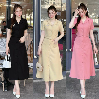 Set váy thiết kế thời trang nữ thanh lịch, sang trọng cho các nàng công sở,set áo cổ vest tay ngắn phối chân váy xòe dài