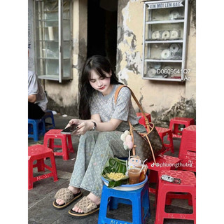 Áo len tay ngắn xanh mint họa tiết Eo-vì lai phối sọc màu