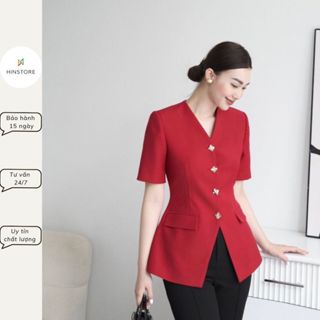 Áo sơ mi kiểu công sở dáng peplum HINSTORE áo ký giả kiểu cổ V có đệm vai cúc vàng 312