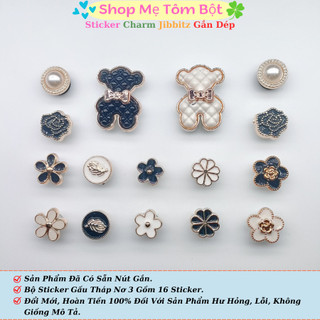 Gấu Tháp Nơ 3 Phụ Kiện Trang Trí Dép Crocs Bộ 16 Sticker Charm Jibbitz 3D Gắn Sục Cross Sẵn Nút Gắn