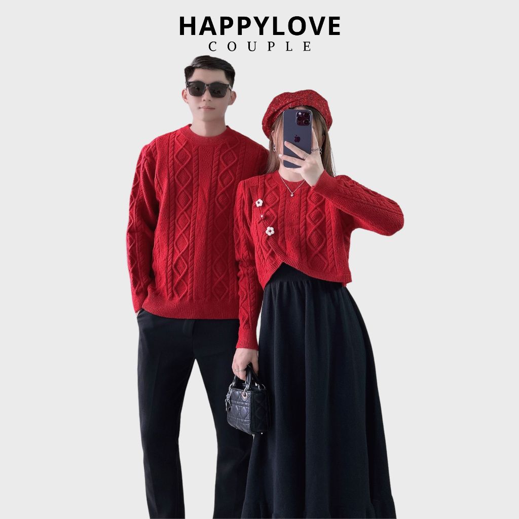 Đồ đôi couple HAPPYLOVE áo len nam dài tay màu đỏ áo croptop nữ mix váy len thời trang M165