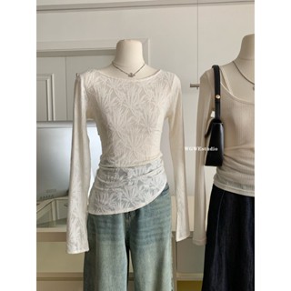 Áo ren lưới Ôm Body tay dài Nhún eo Vạt chéo tôn dáng Áo ôm dài tay Form ôm Hot girl Hoạ tiết Hoa