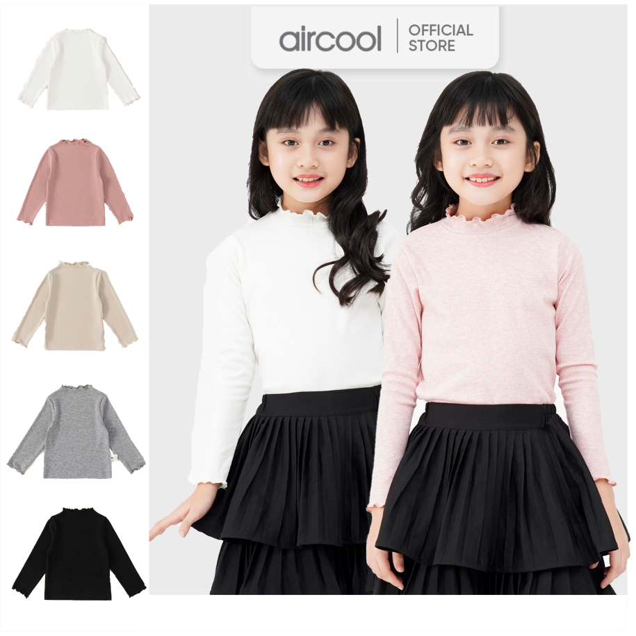 Áo dài tay thun gân màu trơn cổ viền bèo cho bé gái Aircool-ANBG08